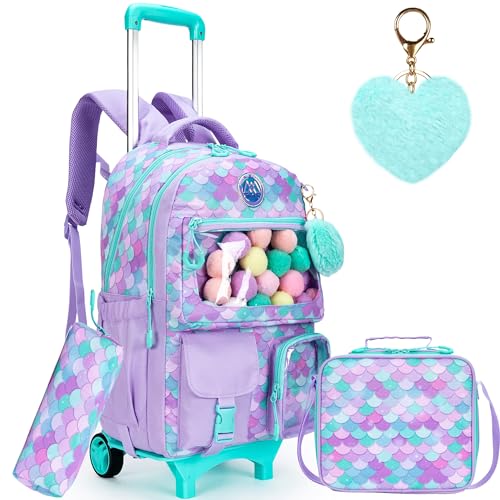 Cute Mermaid Rolling Backpacks with Wheels for Girls Aesthetic Rolling Backpack for Elementary with Lunch Box School Trolley Backpack for Girls School Supplies - color: Mermaid