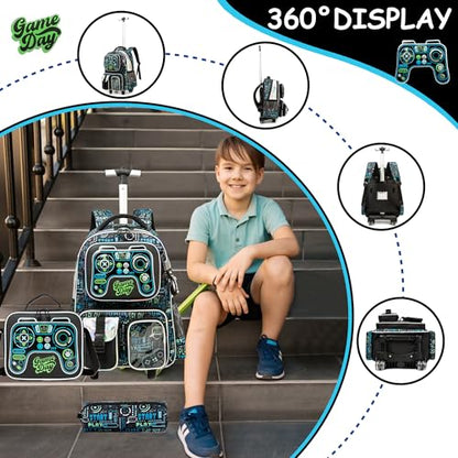 Rolling Backpack Boys Kids Backpacks with Wheels 3PCS School Back Pack with Lunch Box Bookbag Preschool Senior Kid Year Book Bag Kindergarten Gamepad - color: Gamepad