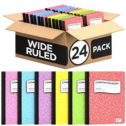 E-CLIPS USA Wide Ruled Composition Notebook Wide Ruled Hardcover Notebooks for School Supplies Notebooks Bulk Hardcover Notebook Pastel 100 Sheets 200 Pages 9.75” x 7.25” (24 Pack, Wide Ruled) - size: 24 Pack