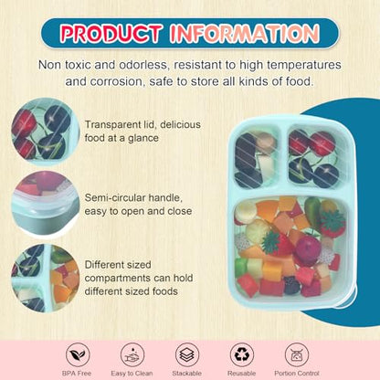 Honeydak 5 Pack Snack Containers 3 Compartment Bento Snack Boxes Divided Meal Prep Containers with Lids Reusable Adults Lunch Food Storage Box for School Work Travel (Red Blue Green) - color: Red Blue Green