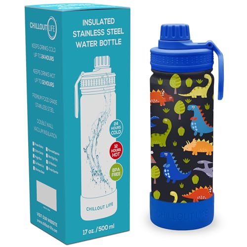 CHILLOUT LIFE 17oz Kids Insulated Stainless Steel Water Bottle with Leak Proof Spout Lid & 144 Stickers - color: Dinosaur, style: 17 oz