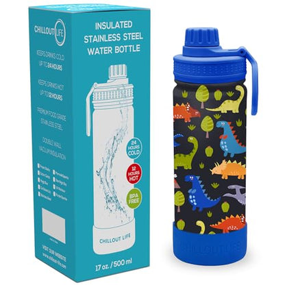 CHILLOUT LIFE 17oz Kids Insulated Stainless Steel Water Bottle with Leak Proof Spout Lid & 144 Stickers - color: Dinosaur, style: 17 oz