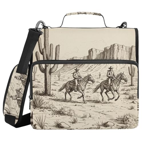 3 Ring Zipper Binder with Shoulder Strap Western Cowboy Cactus 2 Inch Zippered Binder Bag 500 Sheet Capacity Multi Pockets for School Supplies - color: Multi11