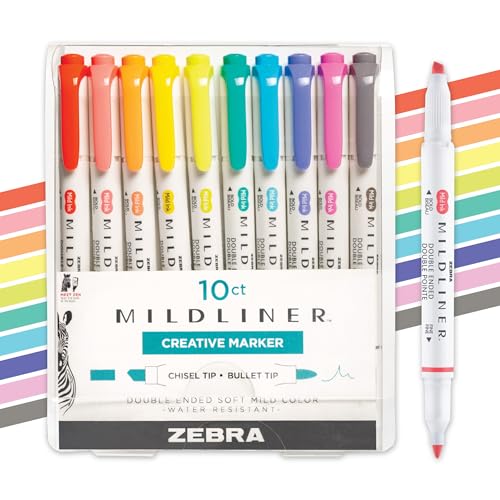 Zebra Pen Mildliner Dual-Tip Highlighter Set, Broad and Fine Tips, No Bleed, Ideal for Bible Highlighting, Journaling, Note-Taking and School Supplies, Friendly Ink Colors, 10-Pack (78501) - color: Friendly B