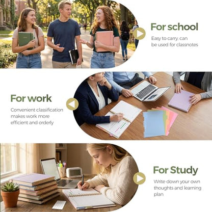 SKYDUE 5 Subject Notebook with Dividers and Tabs, 8" x 10" College Ruled Notebook for Work, 300 Pages Spiral Journal for Women, Green - color: Green