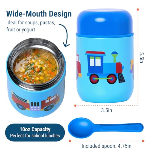 Wildkin Kids 10 oz Insulated Food Jar, Trains, Planes & Trucks | Wide-mouth 10 oz jar keeps food hot up to 5 hrs and cold up to 7 hrs · includes two folding spoons · stainless steel interior - color: Trains, Planes & Trucks