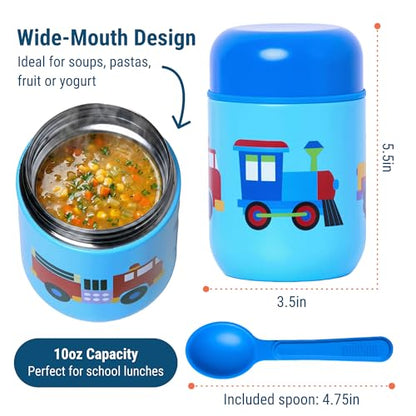 Wildkin Kids 10 oz Insulated Food Jar, Trains, Planes & Trucks | Wide-mouth 10 oz jar keeps food hot up to 5 hrs and cold up to 7 hrs · includes two folding spoons · stainless steel interior - color: Trains, Planes & Trucks
