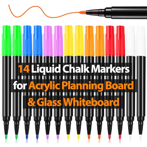 Liquid Chalk Markers for Acrylic Fridge Calendar Planning Board Clear Glass Dry Erase Board Refrigerator Whiteboard for Window/Mirror, 14 Pack, 7 Vibrant Colors, 1mm Fine Points, Easy Wet Erase - style: 14 Pack 7 Colors-1mm Tips