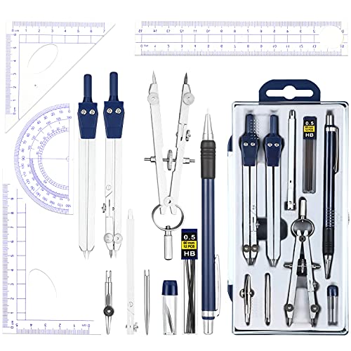 Outus 13 Pcs Geometry Set Compass Math Protractor with Rulers Mechanical Pencil Lead Refills Storage Box of Protractors Kit for School Class Student Drafting Drawing - color: Blue