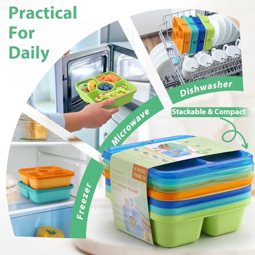 QQKO Bento Snack Box Containers for Adults Kids, 4 Pack Lunchable Meal Prep Containers Reusable, Stackable Bento Lunch Box, Food Storage Prep Containers with Lids and 4 Sauce Cups, Jewel Color - color: Jewel, Clear Lid