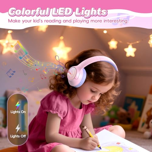 Kids Bluetooth Headphones, 85H Playtime Wireless Headphones for Kids, Colorful LED Lights, 85/94dB Safe Volume Limit, Bluetooth 5.4 Built-in Mic Toddler Headset for Tablet/Airplane/Travel (Pink) - color: Pink