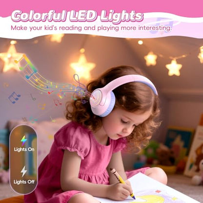 Kids Bluetooth Headphones, 85H Playtime Wireless Headphones for Kids, Colorful LED Lights, 85/94dB Safe Volume Limit, Bluetooth 5.4 Built-in Mic Toddler Headset for Tablet/Airplane/Travel (Pink) - color: Pink