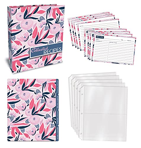 Better Kitchen Products Recipe Binder, 8.5" x 9.5" 3 Ring Binder Organizer Set (with 50 Page Protectors, 100 4" x 6" Recipe Cards & 12 Category Divider Tabs) Floral Design