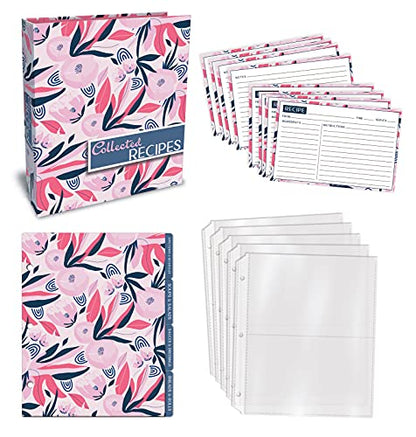 Better Kitchen Products Recipe Binder, 8.5" x 9.5" 3 Ring Binder Organizer Set (with 50 Page Protectors, 100 4" x 6" Recipe Cards & 12 Category Divider Tabs) Floral Design