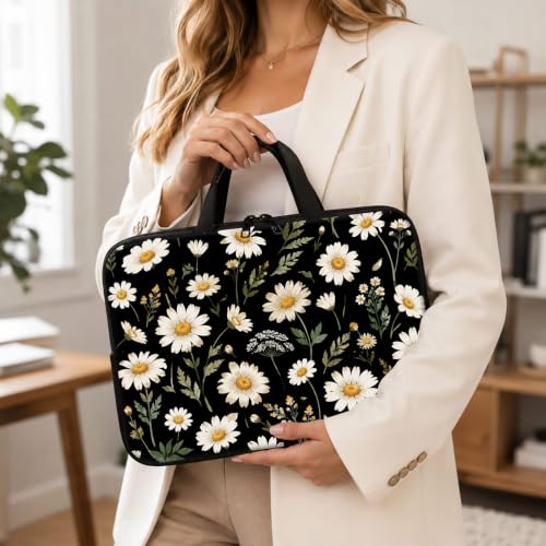 13 Inch Laptop Case Sleeve with Handle, Shockproof Slim Carrying Case | Soft Lining Computer Bag for MacBook Air 13 M3/M2/M1, MacBook Pro 13/14, iPad Pro 13 M4, Daisy Black Print - color: Daisy Black Print, size: 13-14 inch