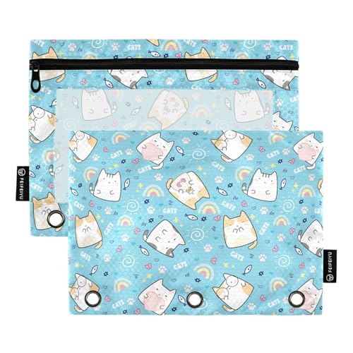 Kawaii Cute Cats Pencil Pouch for 3 Ring Binder, Three Hole Pencil Case for Binder Bulk Pencil Bag with Clear Window and Zipper for Office School College, 2 Pack - color: Multicolor 37