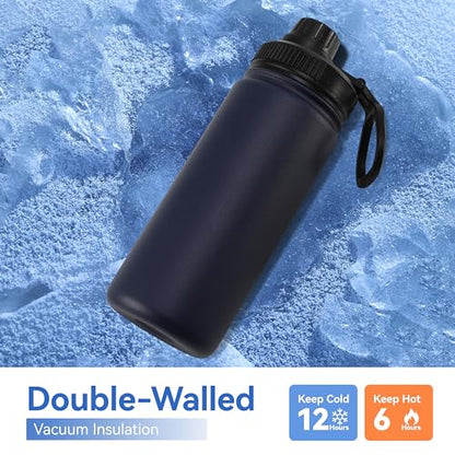 DOMICARE 16 oz Kids Water Bottle for School Stainless Steel Double Wall Vacuum Insulated Water Bottle with Straw lids & Spout Lid, Leakproof BPA Free (Navy,8) - color: Navy Blue, size: 16oz/8 Pack