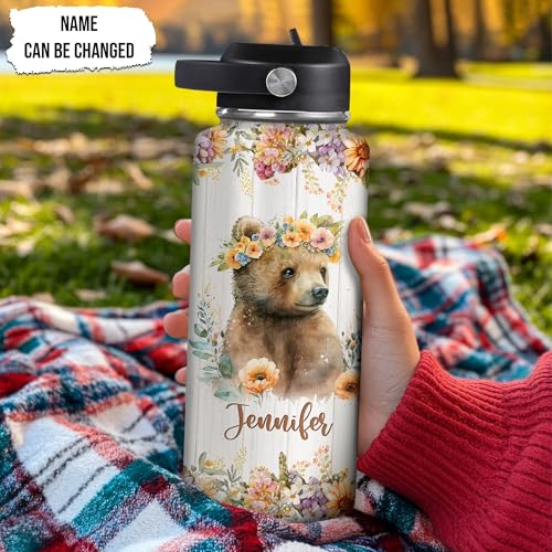 Hyturtle Personalized Bear Water Bottle - Travel Insulated Stainless Steel Bottle with Leak-Proof Lid 18oz 32oz - Cute Animal Gift for Women, Girls, Bear Lovers - Birthday & Christmas Gift - color: Bear