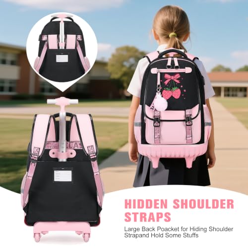 Bevalsa Rolling Backpack for Girls, 3PCS Roller School Backpack Set | with Lunch Box & Pencil Case, Kids Bookbag with Wheels for Teen Girls Elementary Middle High School Students - color: Pink Strawberry