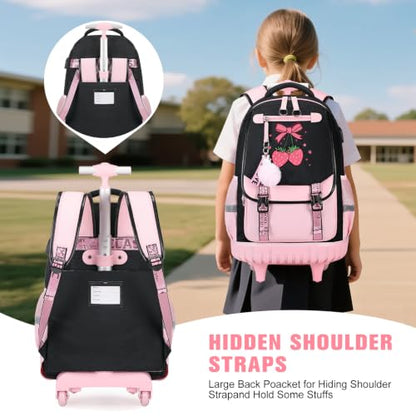 Bevalsa Rolling Backpack for Girls, 3PCS Roller School Backpack Set | with Lunch Box & Pencil Case, Kids Bookbag with Wheels for Teen Girls Elementary Middle High School Students - color: Pink Strawberry