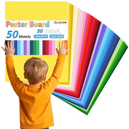 Oleitodh 50 Colors Poster Board 250GSM Thick Cardstock 50 Sheets,14x18 Inch Colored Poster Paper for School Projects, Vision Boards, Signage, Art Crafts & Event Displays - color: 50 Colors, size: 14 x18 Inch - 50 Sheets