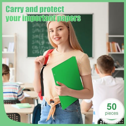 Yeaqee 50 Pcs Plastic Folders with Pockets Bulk 3 Hole Punched 2 Pocket File Folders for 3 Ring Binder Divider Folder for Notebooks, Durable Poly for Office Home (Green) - color: Green