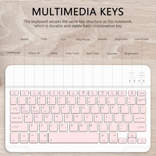 for Bluetooth Keyboard, Cute Tablet Stand Adjustable Adjustable & Foldable, Wireless Rechargeable Keyboard for iPad, iPad Pro/Mini/Air, Samsung Xiaomi Tablets, etc - Pink - color: A-Keyboard-Pink