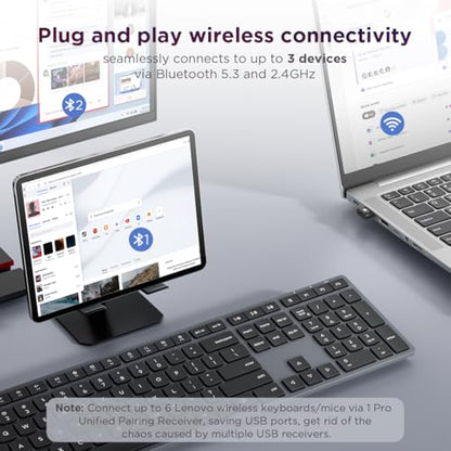 Lenovo 700 Modern Wireless Keyboard & Mouse Combo, 2.4 GHz Dongle & Dual Bluetooth Connection, AES-128 Encryption, 36 Month Battery Life, Quiet Mouse, Luna Grey - size: Combo
