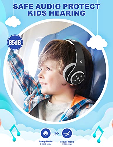 Woice Kids Bluetooth Headphones 85db/110db Volume Limit Wireless/Wired Aux Port Foldable Noise Protection Over-Ear Build-in Mic Headphones for Kids Adults Travel School Phone Pad Tablet PC Black