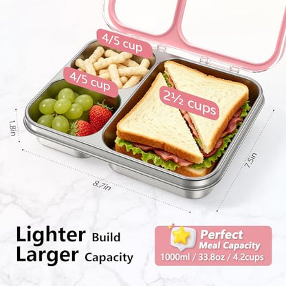 HOMEKOL Stainless Steel Bento Lunch Box 3-Compartment, 4.2Cups, Pink | Leak-Proof Metal Lunch Container for Kids & Adults, BPA-Free, Dishwasher Safe, Clear Tritan Lid, 1000ml (Not Insulated) - color: Pink, size: 34oz (1000ml)
