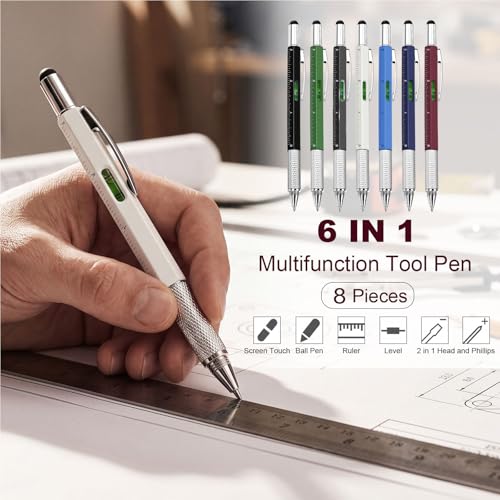 Zhanmai 8 Pcs 6 in 1 Multitool Pen Bulk Gift for Men Multi Tool Ballpoint Pen with Ruler Level Screwdriver Stylus Cool 20 Ink Refill Tool Gadget Birthday Christmas Stocking Stuffers(Seven Colors) - color: Seven Colors