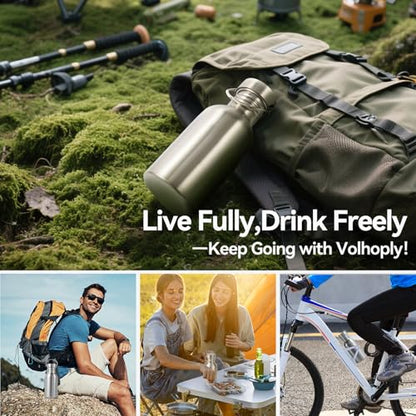 Volhoply 16oz Stainless Steel Water Bottle with Handle 4 Pack,Non Insulated Single Wall, No Plastic 18/8 304 Metal Water Bottles with Wide Mouth for Camping, Hikers, Cyclists - size: 16 Ounces