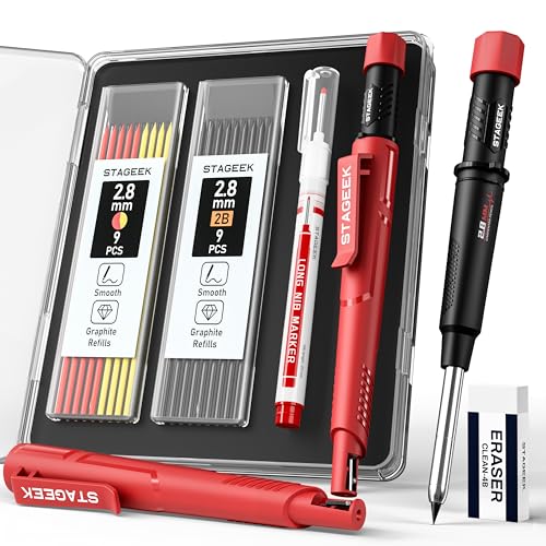 STAGEEK Carpenter Pencil with Sharpener, Mechanical Carpenter Pencils with 19 Refills, Construction Pencil Heavy Duty Woodworking Tools, Deep Hole Long Nib Marker Pens for Architect Marking - color: Red
