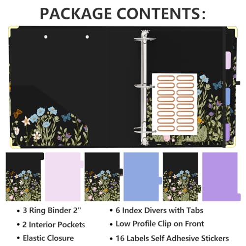 3 Ring Binder 2 Inch, Cute Round Ring Binders with 6 Tab Dividers, Labels Stickers, Low Profile Clipboard with Storage, Fashion Binder School Office Supplies (Wild Blue Florals) - color: Wild Blue Florals