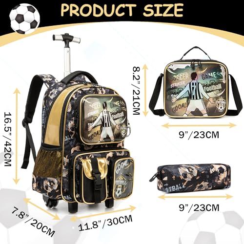 Meetbelify Kids Rolling Backpack with Wheels for Boys Rolling Backpacks with Lunch Box for Elementary School Students 3 in 1 Football Travel Luggage Suitcase for Boys Age 8-10 - color: Boy 03