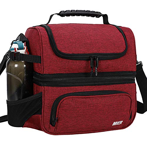 MIER Dual Compartment Lunch Bag Tote with Shoulder Strap for Men and Women Insulated Leakproof Cooler Bag, Dark Red - color: Dark Red