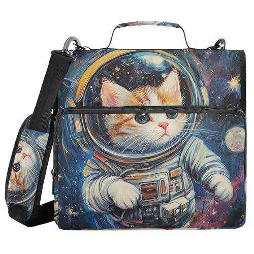 Aslsiy Zipper Binder Cute Astronaut Cat 1.5 inch 3-Ring Binder Organizer Universe with Shoulder Strap for School Office Supplies