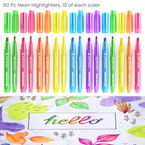ARTEZA Highlighters, Bulk Set of 60 Neon Colors with Broad & Narrow Chisel Tips, Quick-Dry Smear-Resistant Ink for Office, Journaling, Planning & Notes