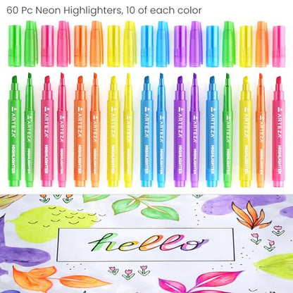 ARTEZA Highlighters, Bulk Set of 60 Neon Colors with Broad & Narrow Chisel Tips, Quick-Dry Smear-Resistant Ink for Office, Journaling, Planning & Notes