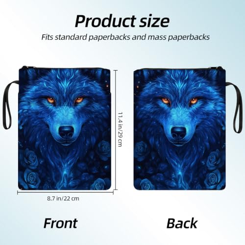 Padded Book Sleeve with Zipper & Front Pocket, Fabric Book Cover | Ice Blue Wolf Rose Flowers11.4"x8.7" Washable Canvas Pouch for Hardcovers, Tablets & Reading Accessories - color: Ice Blue Wolf Rose Flowers
