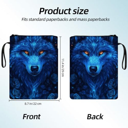 Padded Book Sleeve with Zipper & Front Pocket, Fabric Book Cover | Ice Blue Wolf Rose Flowers11.4"x8.7" Washable Canvas Pouch for Hardcovers, Tablets & Reading Accessories - color: Ice Blue Wolf Rose Flowers