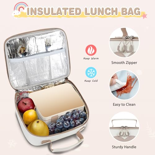 ACESAK Girls Backpack - Bento Box with Insulated Lunch Bag Pencil Case & Utensils Set for Kids, 6 Leakproof Compartments Removable Tray Lunches or Snack Container for School (Khaki Beige) - color: Khaki Beige