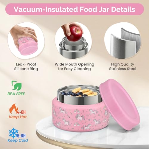 Kids Lunch Box Set with Bento Box, 9oz Stainless Steel Thermo & Insulated Lunch Bag – Hot & Cold Leakproof Lunch Container with Utensils for School & Travel - color: Pink