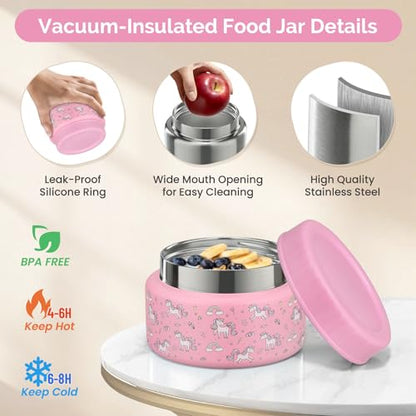 Kids Lunch Box Set with Bento Box, 9oz Stainless Steel Thermo & Insulated Lunch Bag – Hot & Cold Leakproof Lunch Container with Utensils for School & Travel - color: Pink