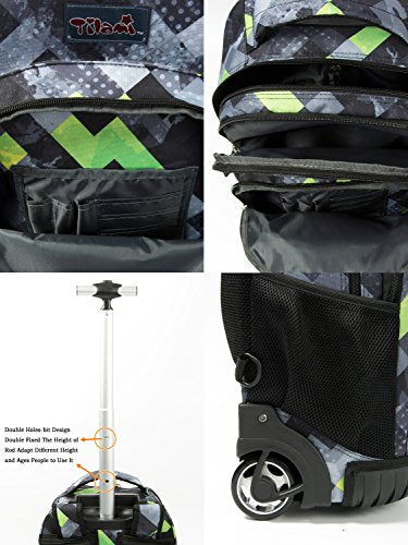 Tilami Rolling Backpack Armor Luggage School Travel Book Laptop 18 Inch Multifunction Wheeled Backpack for Kids and Students - color: Green Plaid
