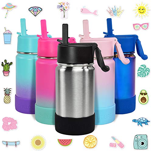 CHILLOUT LIFE 12oz Kids Insulated Stainless Steel Water Bottle with Leak Proof Straw Lid & 144 Stickers - color: Stainless Steel, style: 12 oz