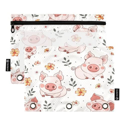 SUABO Flower and Pig Pencil Pouch for 3 Ring Binder, 2 PCS Binder Pencil Pouch with Zipper, Clear Window Zipper Pencil Case Pencil Bags for Office Supplies - color: Pig
