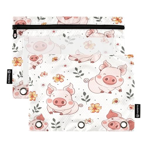 SUABO Flower and Pig Pencil Pouch for 3 Ring Binder, 2 PCS Binder Pencil Pouch with Zipper, Clear Window Zipper Pencil Case Pencil Bags for Office Supplies - color: Pig