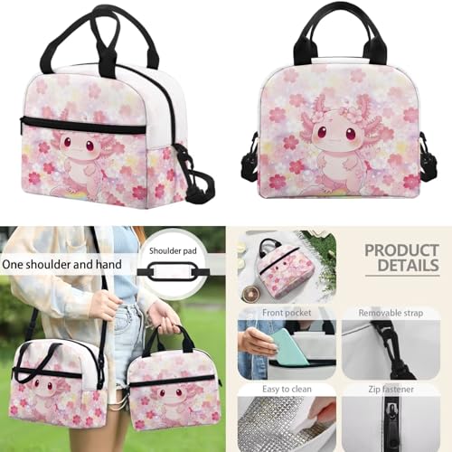 17 Inch Kid's 4PCS Backpack Set, Back to School Essentials | Insulated lunch box, water bottle pouch, pencil case, lightweight, padded shoulder straps, for elementary, middle school - color: Cherry Blossom Axolotl