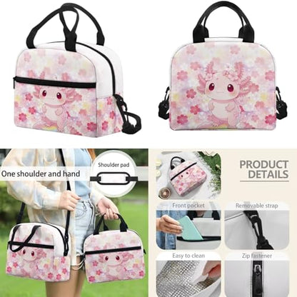 17 Inch Kid's 4PCS Backpack Set, Back to School Essentials | Insulated lunch box, water bottle pouch, pencil case, lightweight, padded shoulder straps, for elementary, middle school - color: Cherry Blossom Axolotl